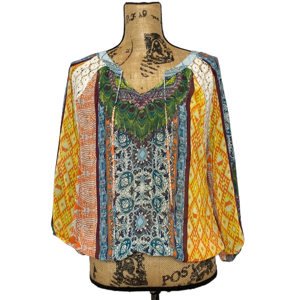 Colorful Boho Sheer Lace Elastic Waist Blouse S